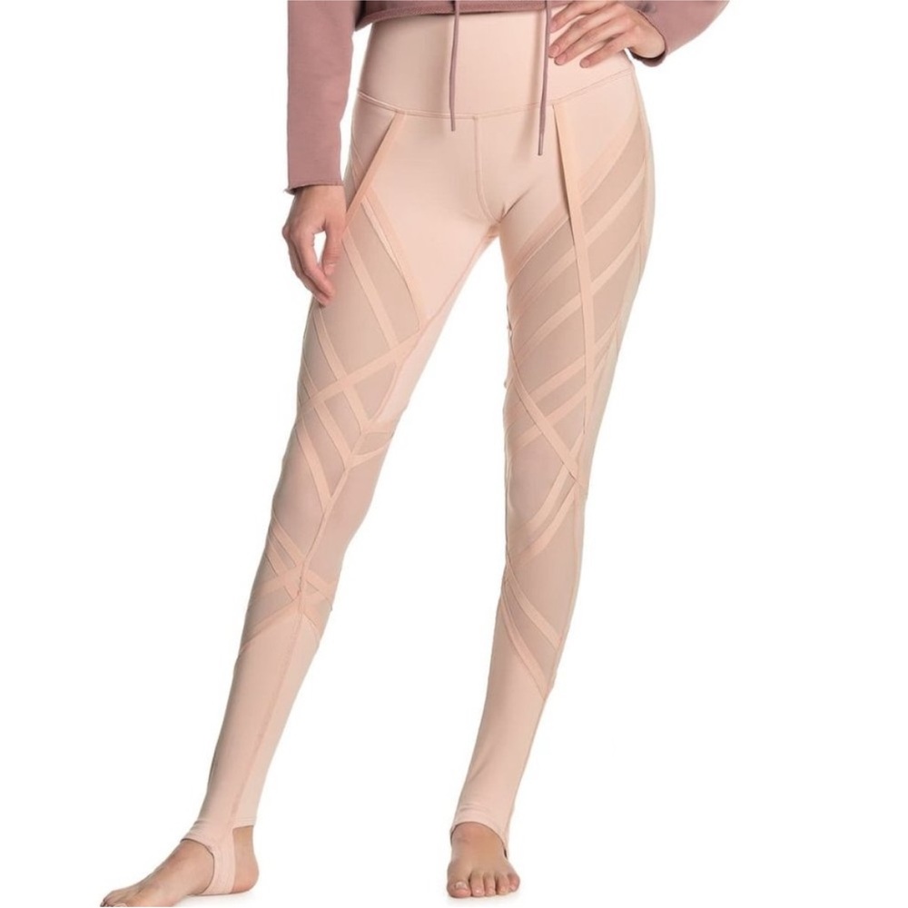 Alo Blush Pink  High-Waisted Ribbon Wrap Leggings w Stirrups and Mesh